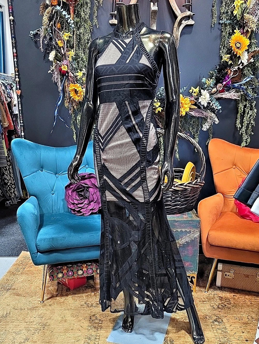 American Threads Black & Nude Geometric Mesh Lace  Maxi Dress
